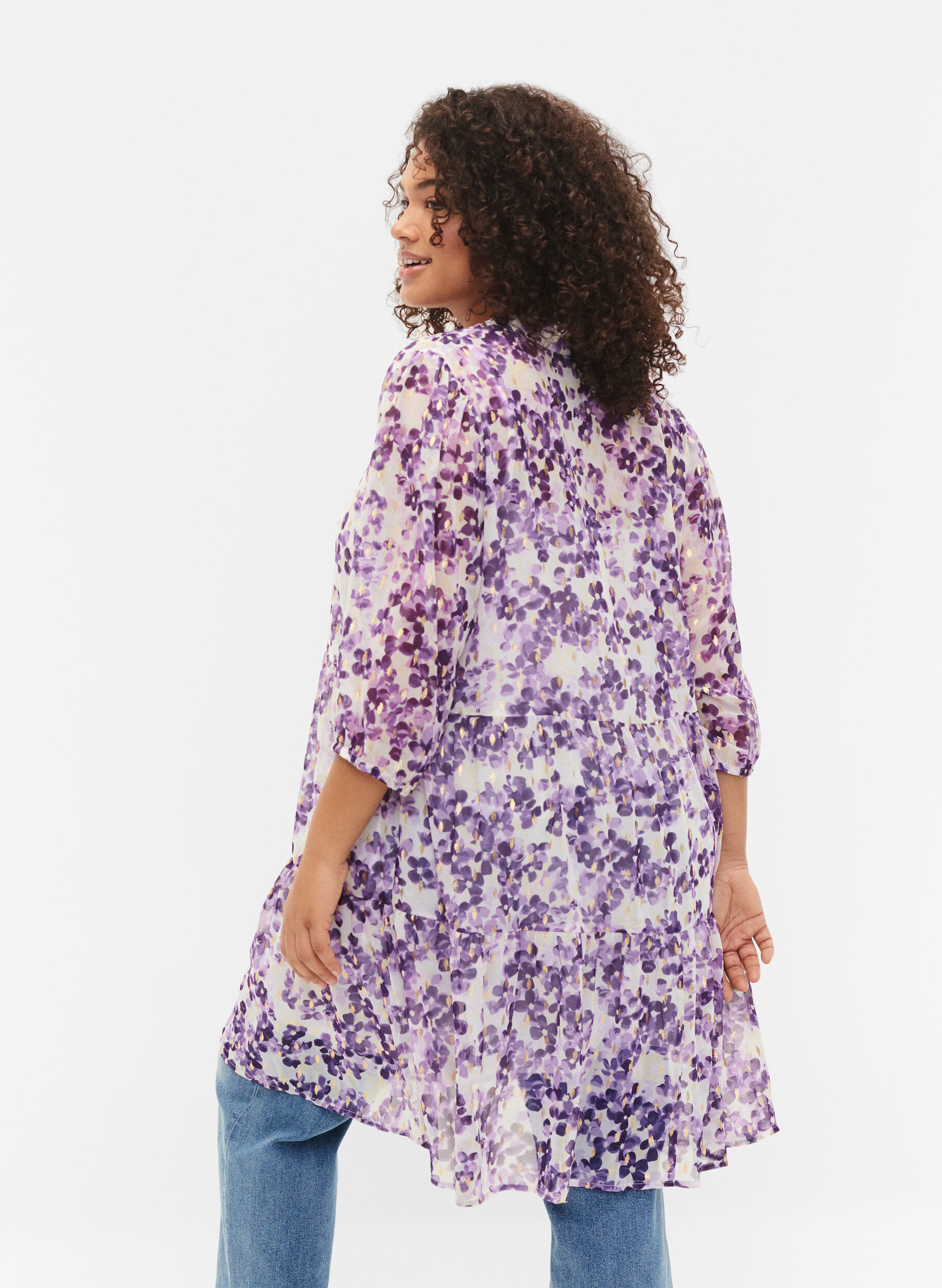 ZizziTuniek met bloemenprint en lurex, Beige/Purple Flower, Model image number 1
