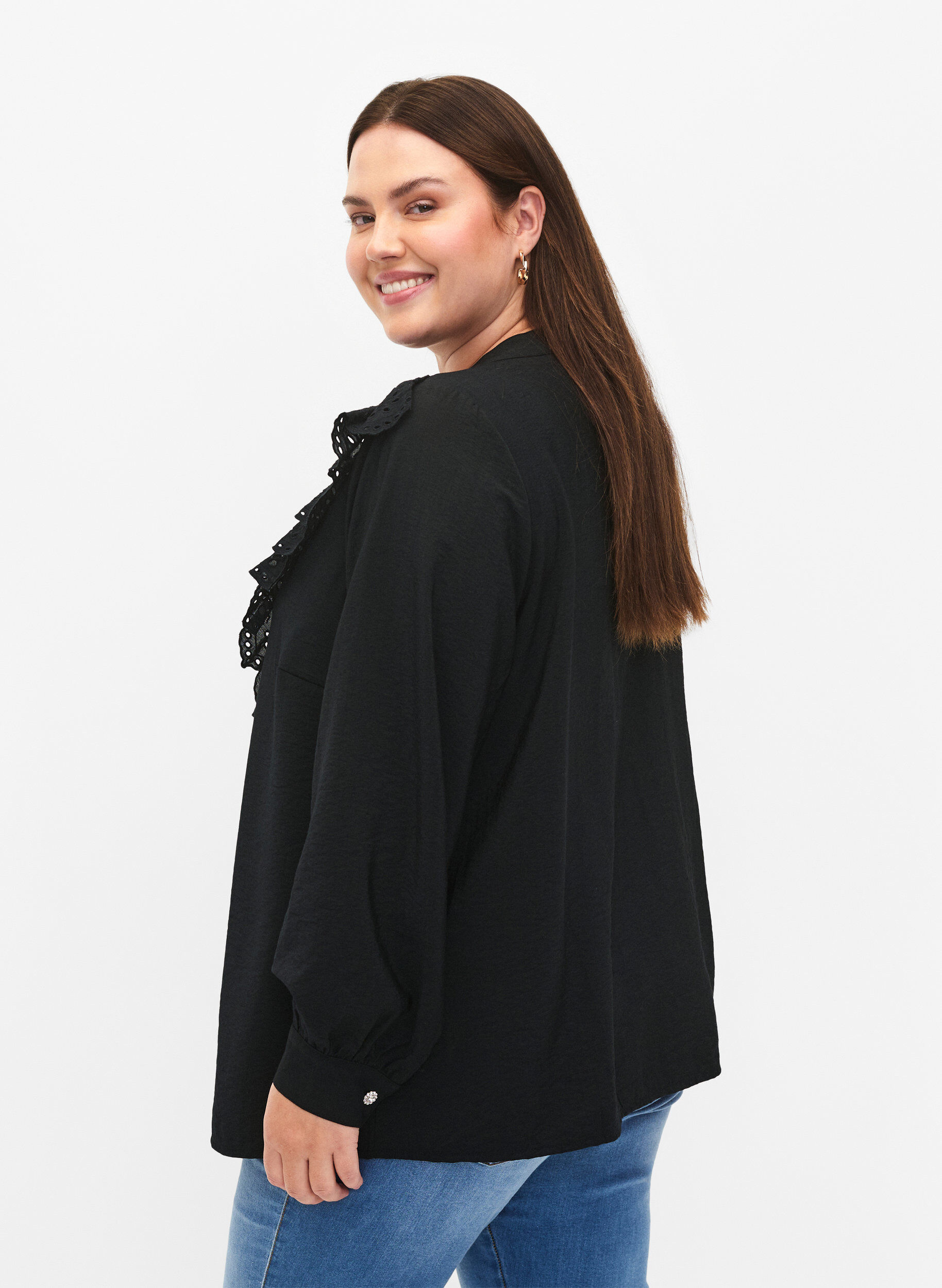ZizziViscose overhemdblouse met ruches, Black, Model image number 1