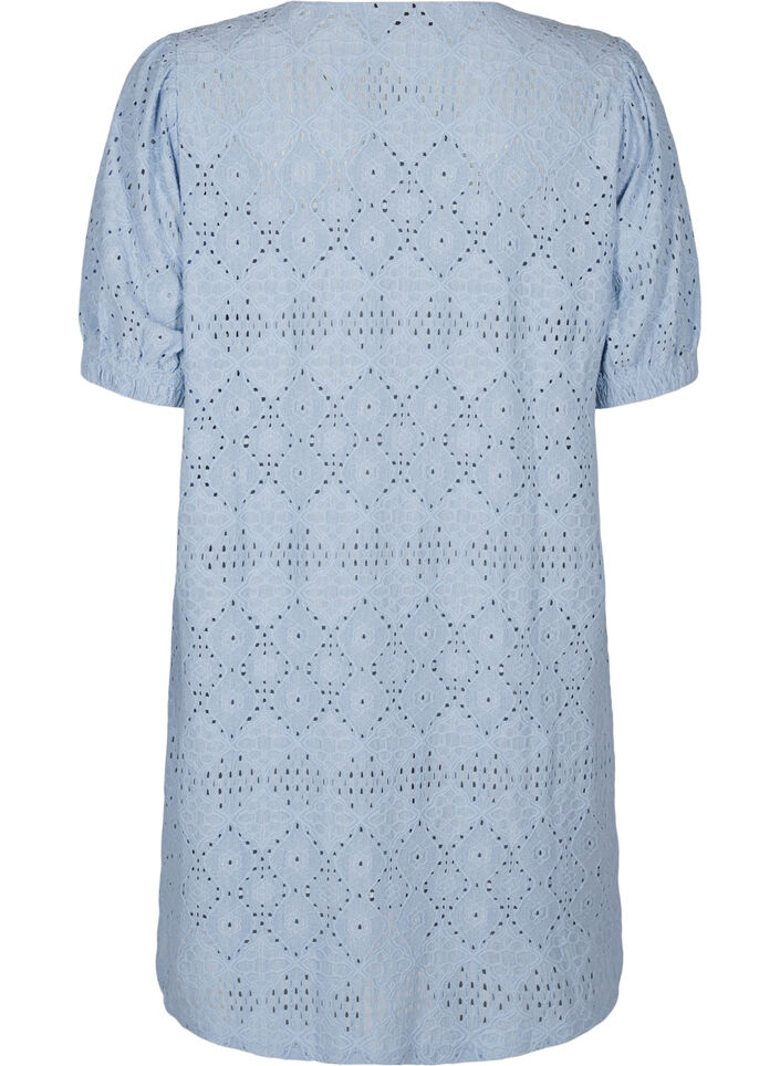 Robe courte avec col en V et motifs à trous, Cashmere Blue, Packshot image number 1