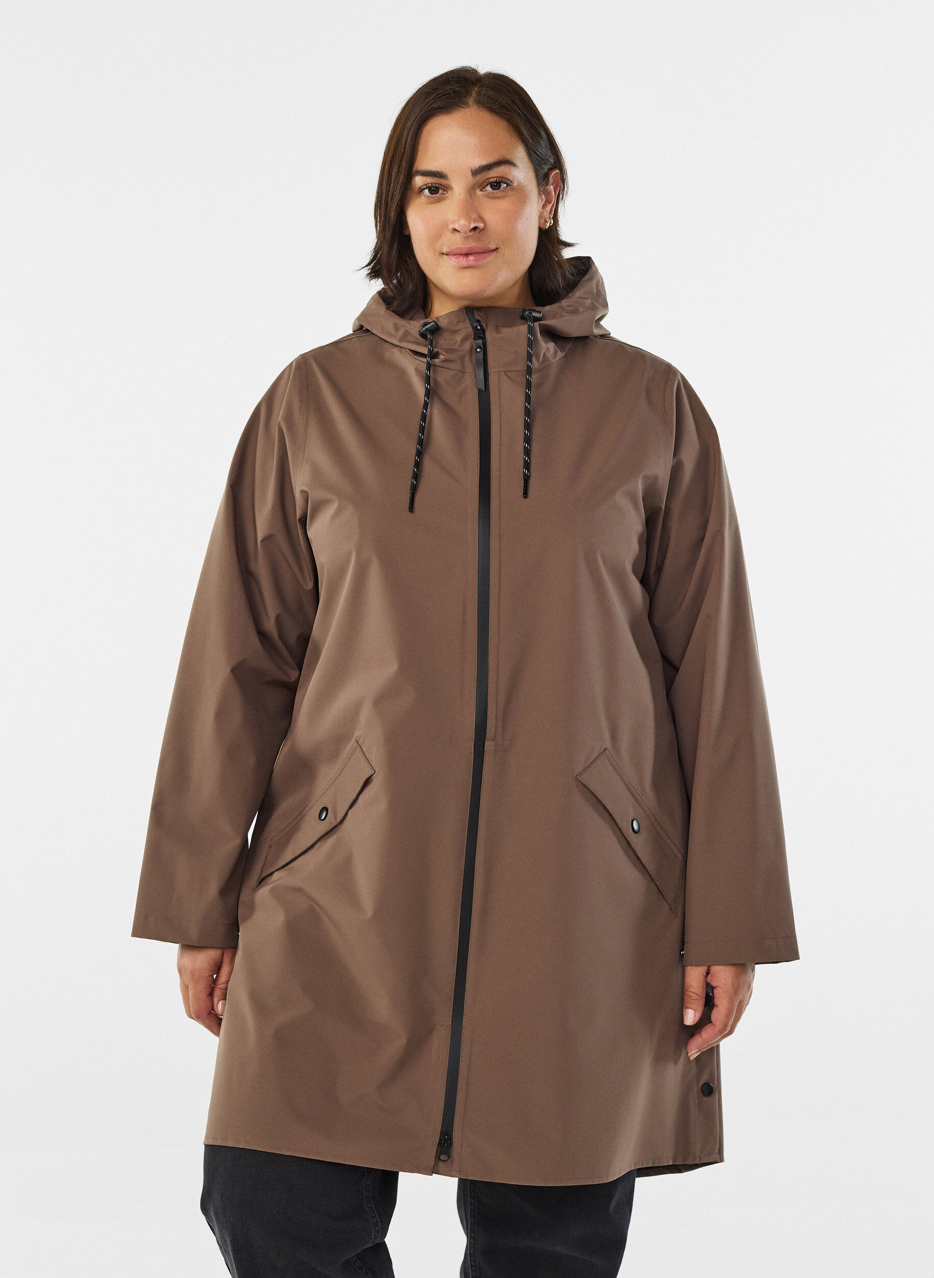 Regenjas met zakken en capuchon, Bruin, Model