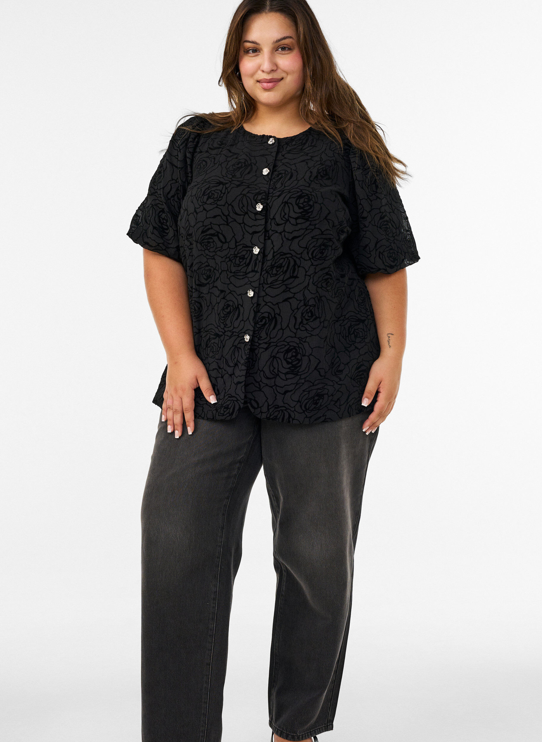 ZizziBlouse met bloemenpatroon en ballonmouwen, Zwart, Model image number 1