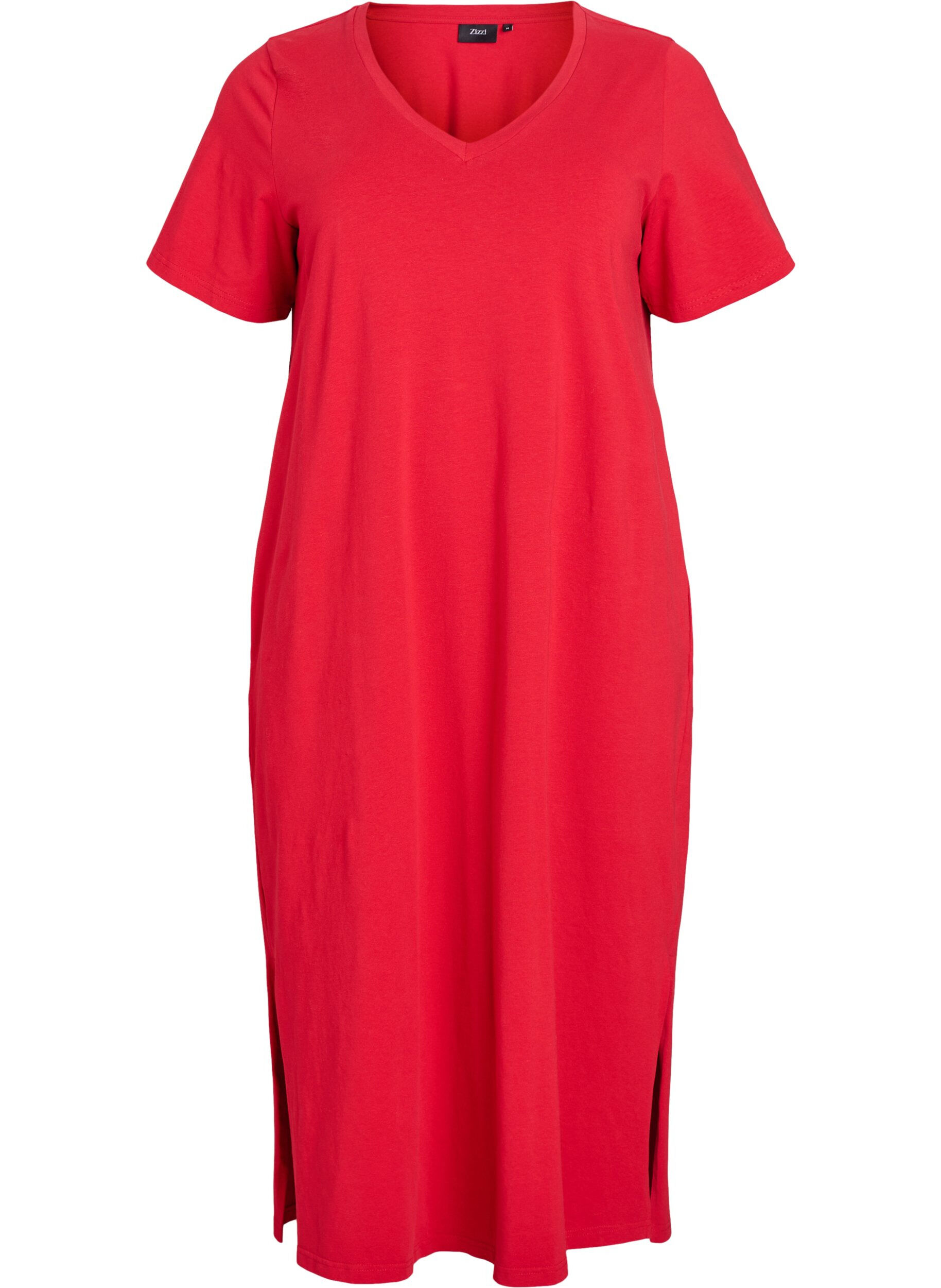 Zizzi Robe T-shirt midi avec col en V, Rouge, Packshot image number 0
