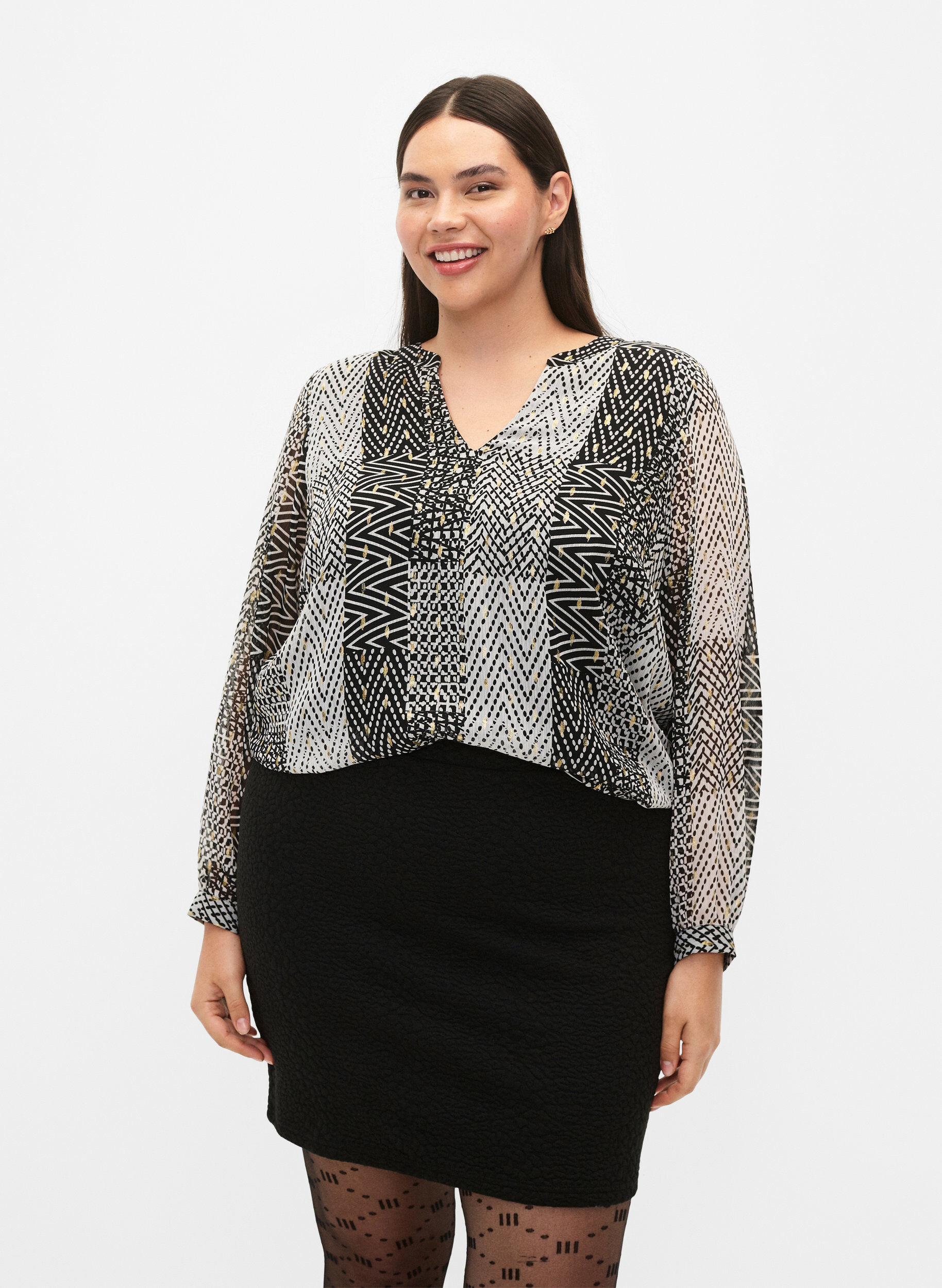 ZizziBedrukte blouse met V-halslijn, Zwart, Model image number 0