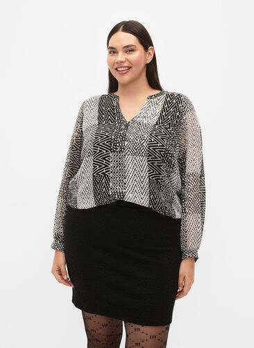 Bedrukte blouse met V-halslijn, Black Graphic Stripe, Model image number 0