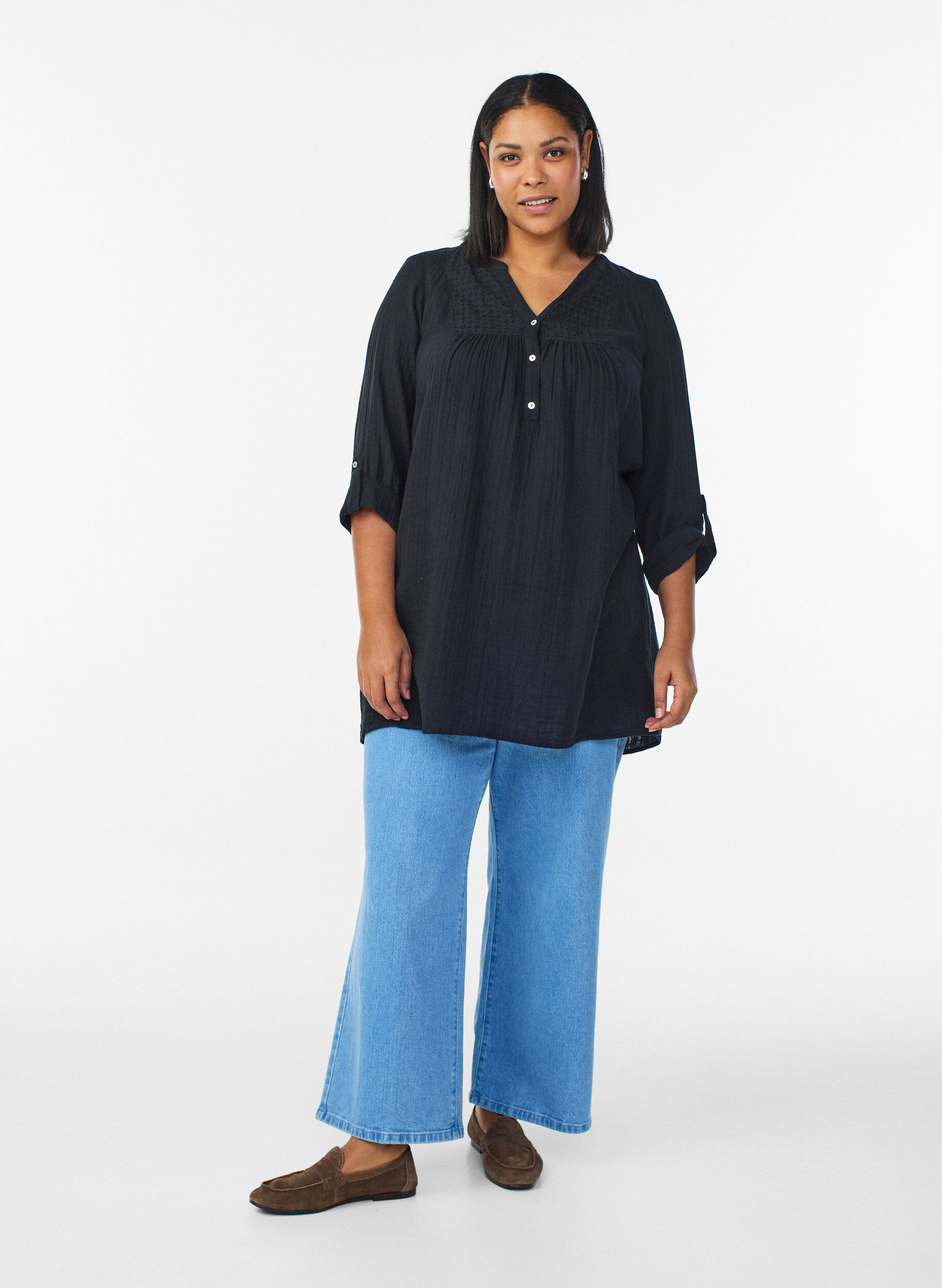 ZizziKatoenen mousseline tuniek met broderie anglaise, Zwart, Model image number 1