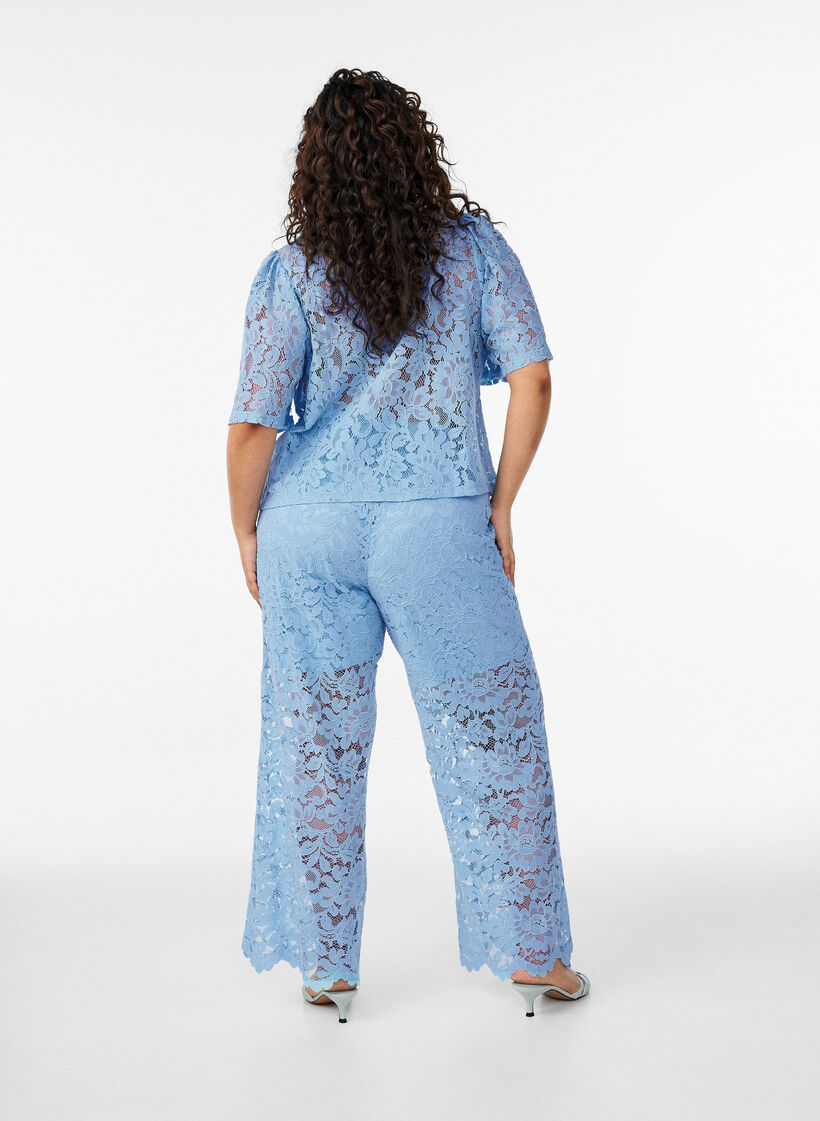 Hoog getailleerde kanten broek met rechte pijpen, Blauw, Model image number 1