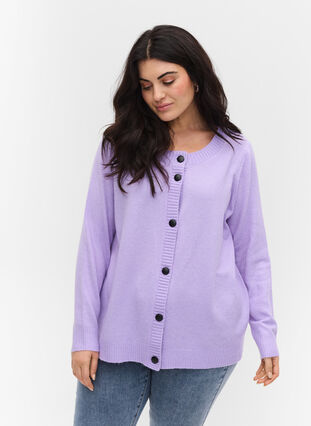Cardigan court en maille avec boutons de couleurs contrastées, Purple Rose Mel., Model image number 0