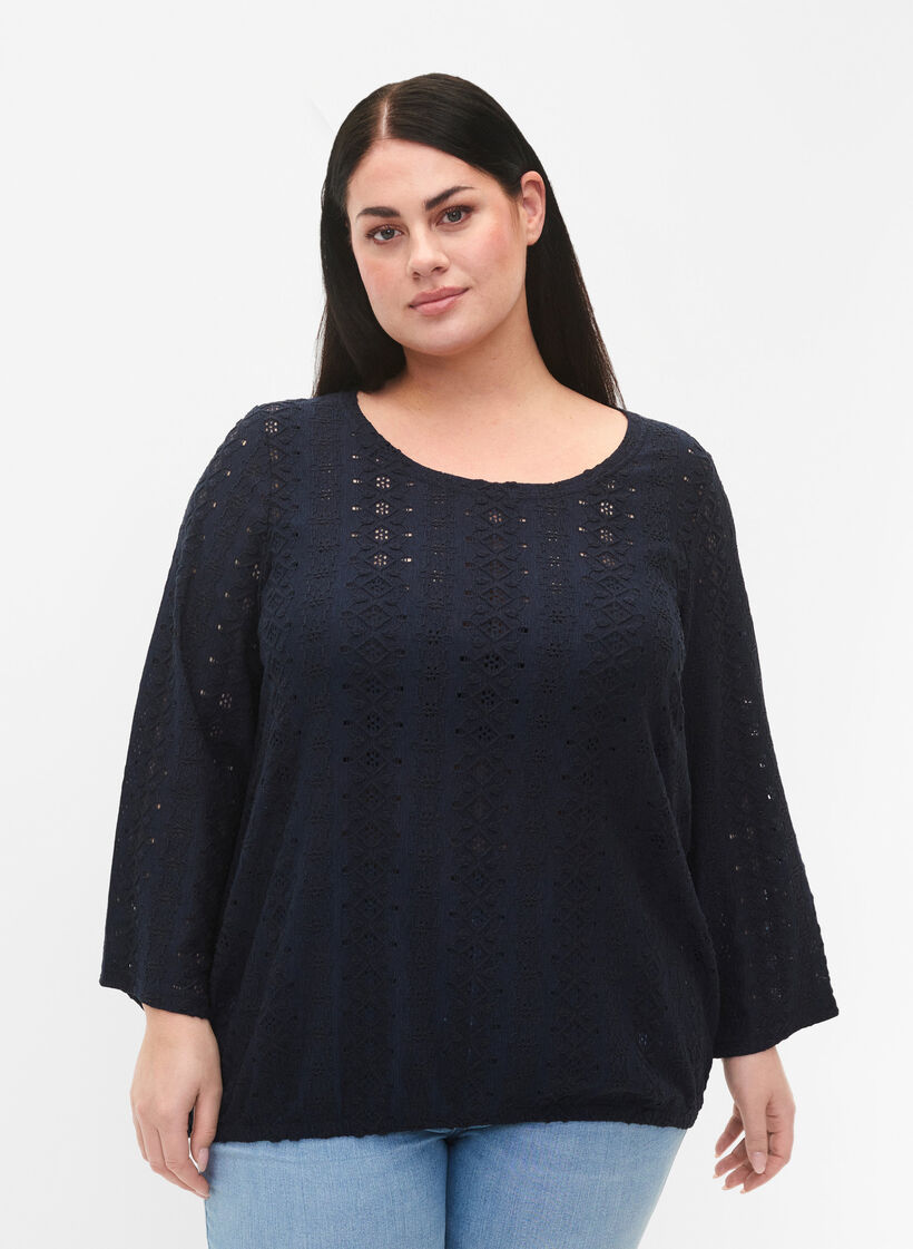 Blouse met anglaise borduurwerk en 7/8 mouwen, Navy Blazer, Model image number 0