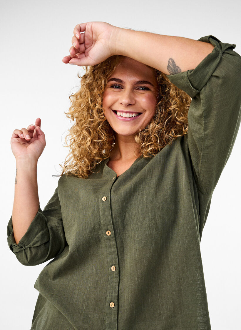 Katoenen blouse met een V-hals, Groen, Image image number 0