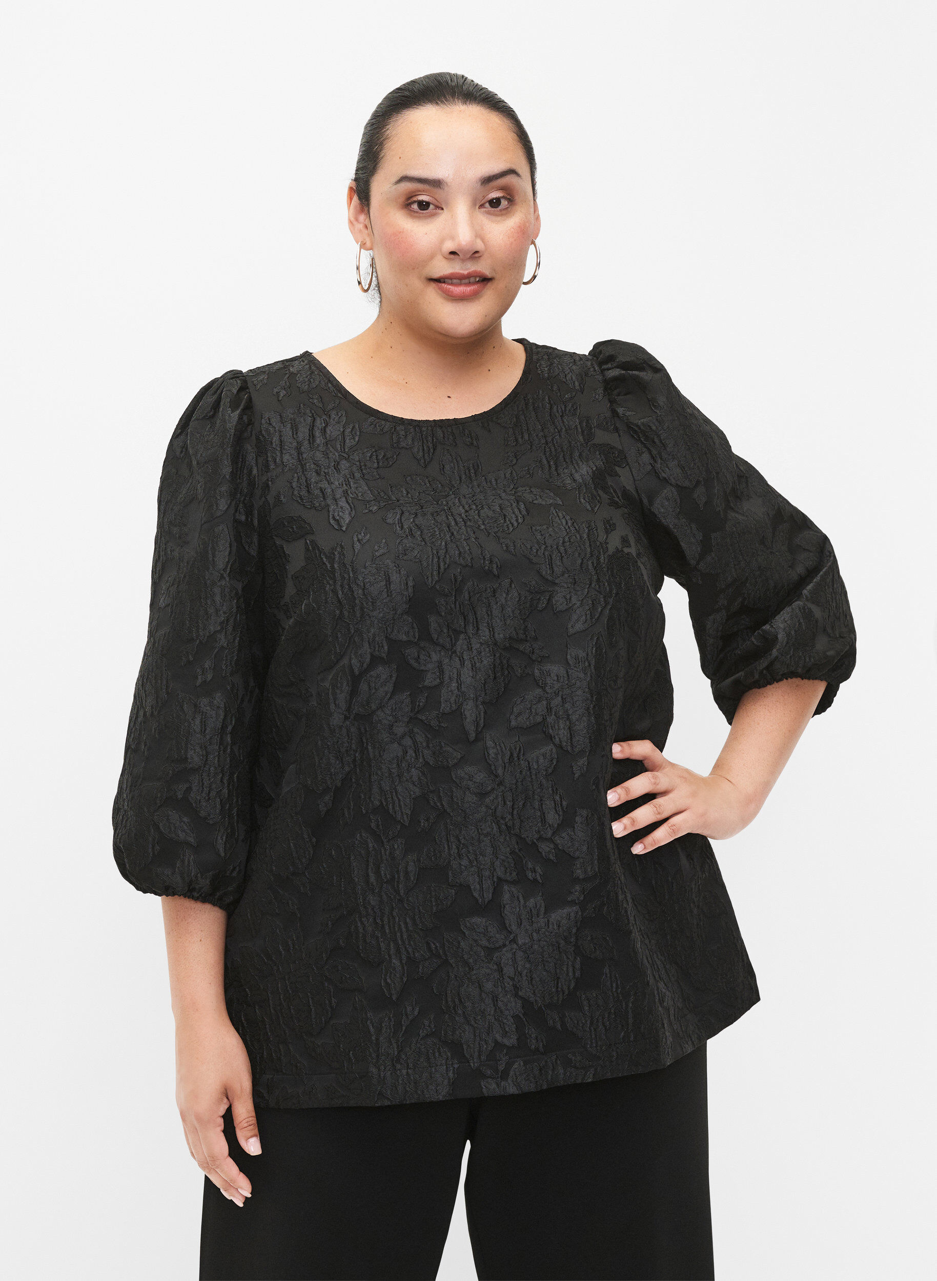 ZizziJacquard blouse met 3/4 mouwen, Black, Model image number 0