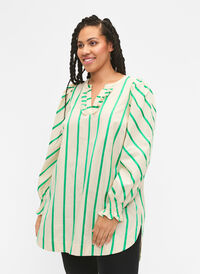 Tunique rayée en coton avec smock et ruches, Beige Green Stripe, Model