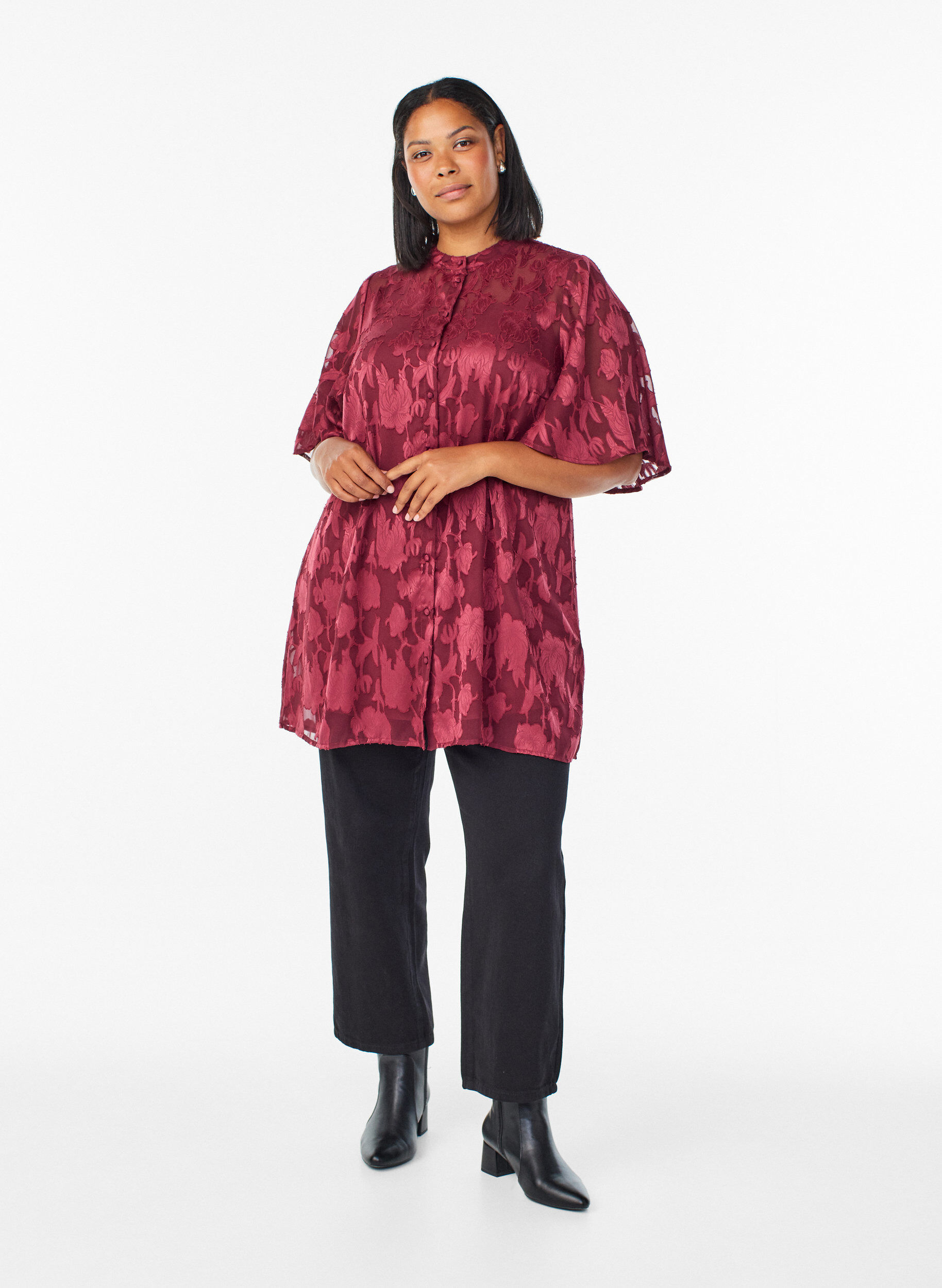 ZizziKorte A-lijn jurk met een bloemenpatroon, Donker Bordeaux, Model image number 1