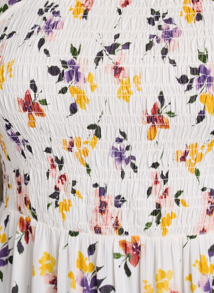 Gebloemde viscose midi-jurk met smock, Wit, Packshot image number 2