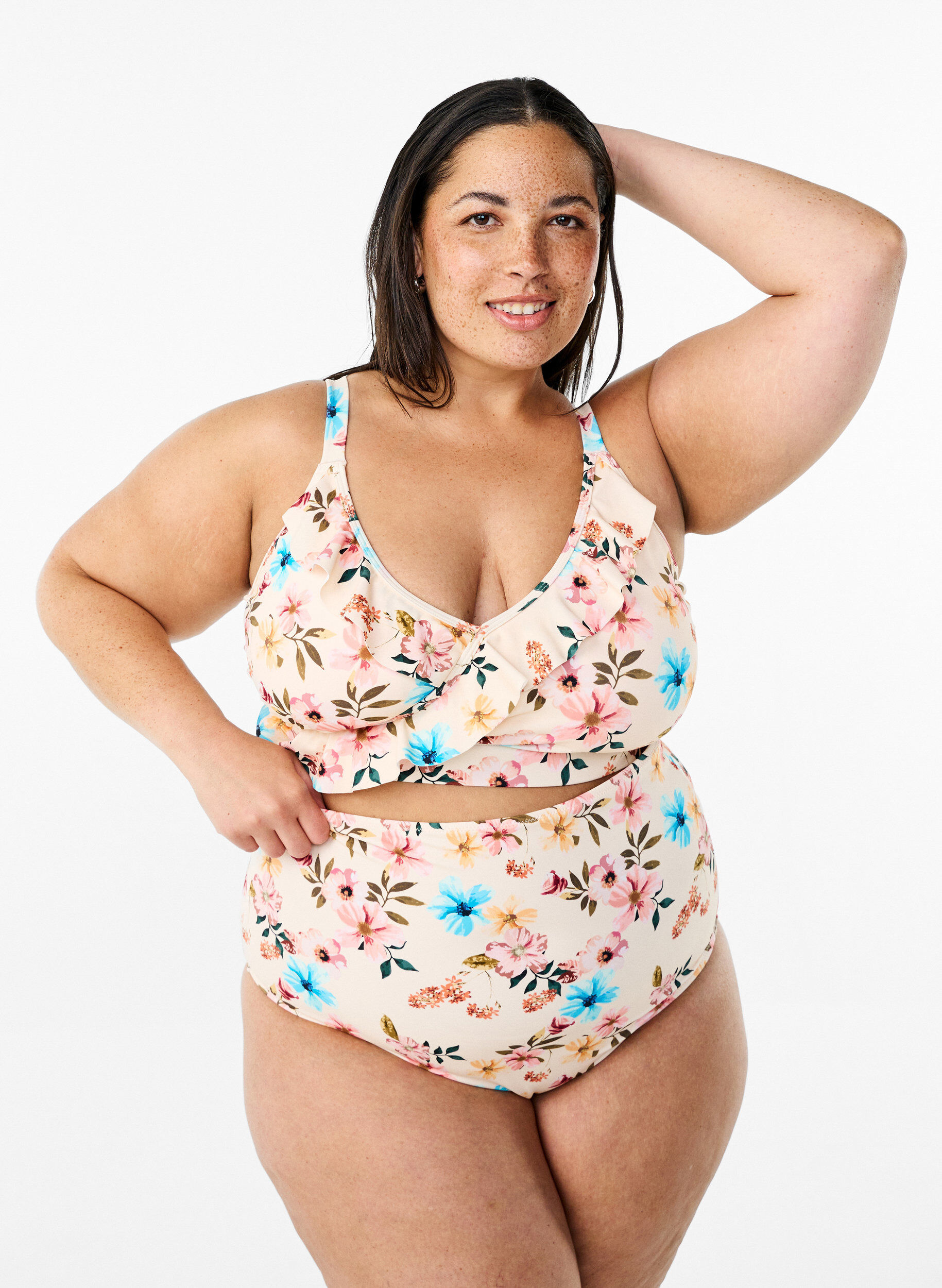 Bas de bikini taille extra haute avec imprim&eacute; floral, Beige, Model