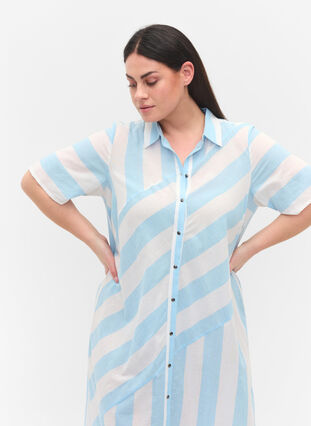 Robe chemise en coton à manches courtes avec rayures, Blue Bell Stripe, Model image number 1