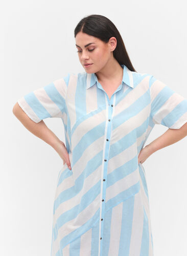 Robe chemise en coton à manches courtes avec rayures, Blue Bell Stripe, Model image number 1