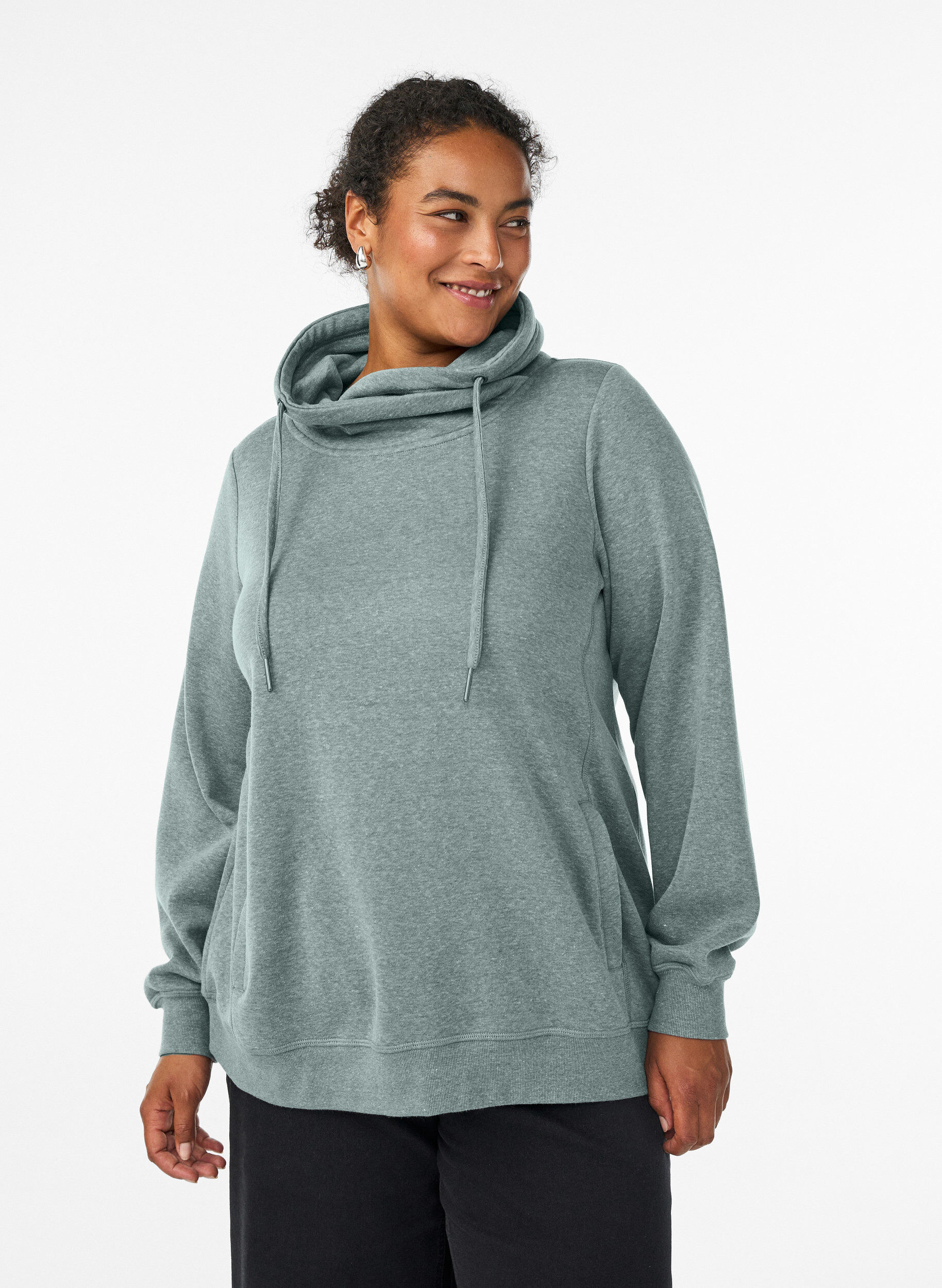 Sweatshirt met hoge kraag en zakken, Groen, Model