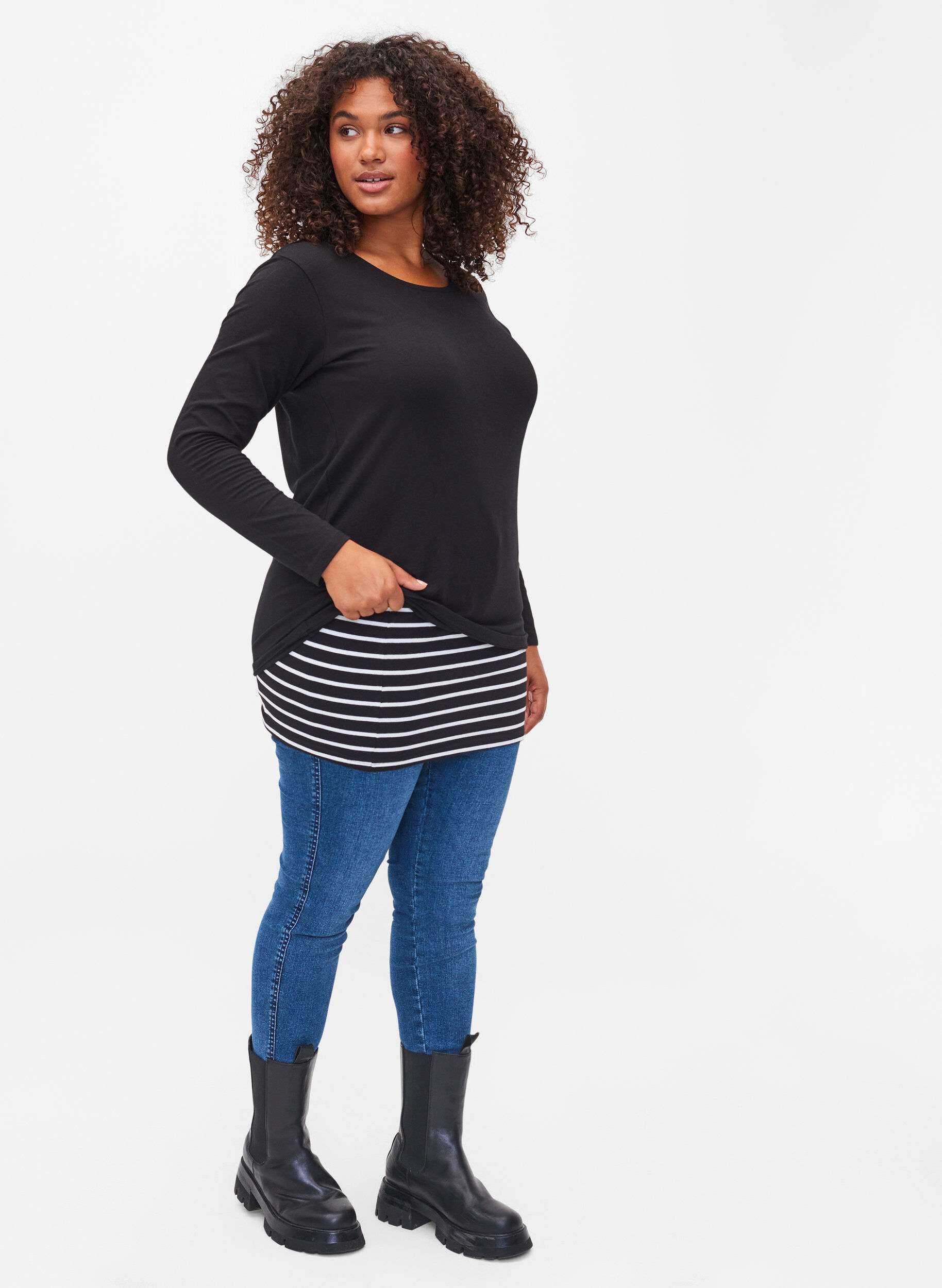 Zizzi2-pack tops verlenger, Black/Black Stripe, Model image number 4