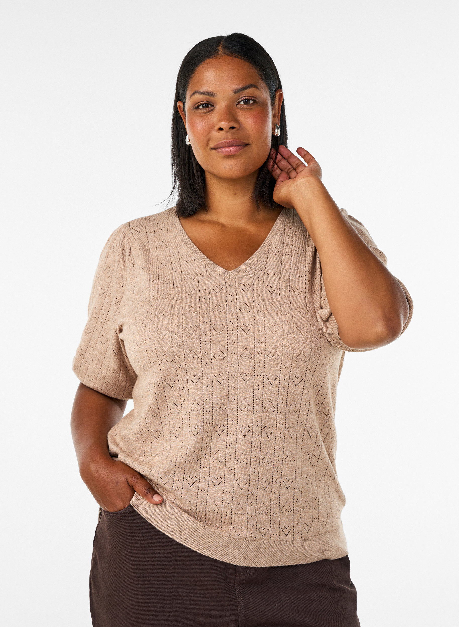 ZizziBlouse en maille pointelle &agrave; manches courtes, Beige, Model image number 0