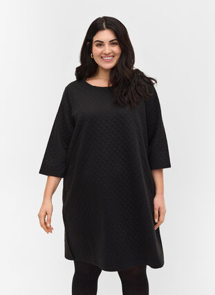 Gestructureerde jurk met 3/4 mouwen, Black, Model image number 0
