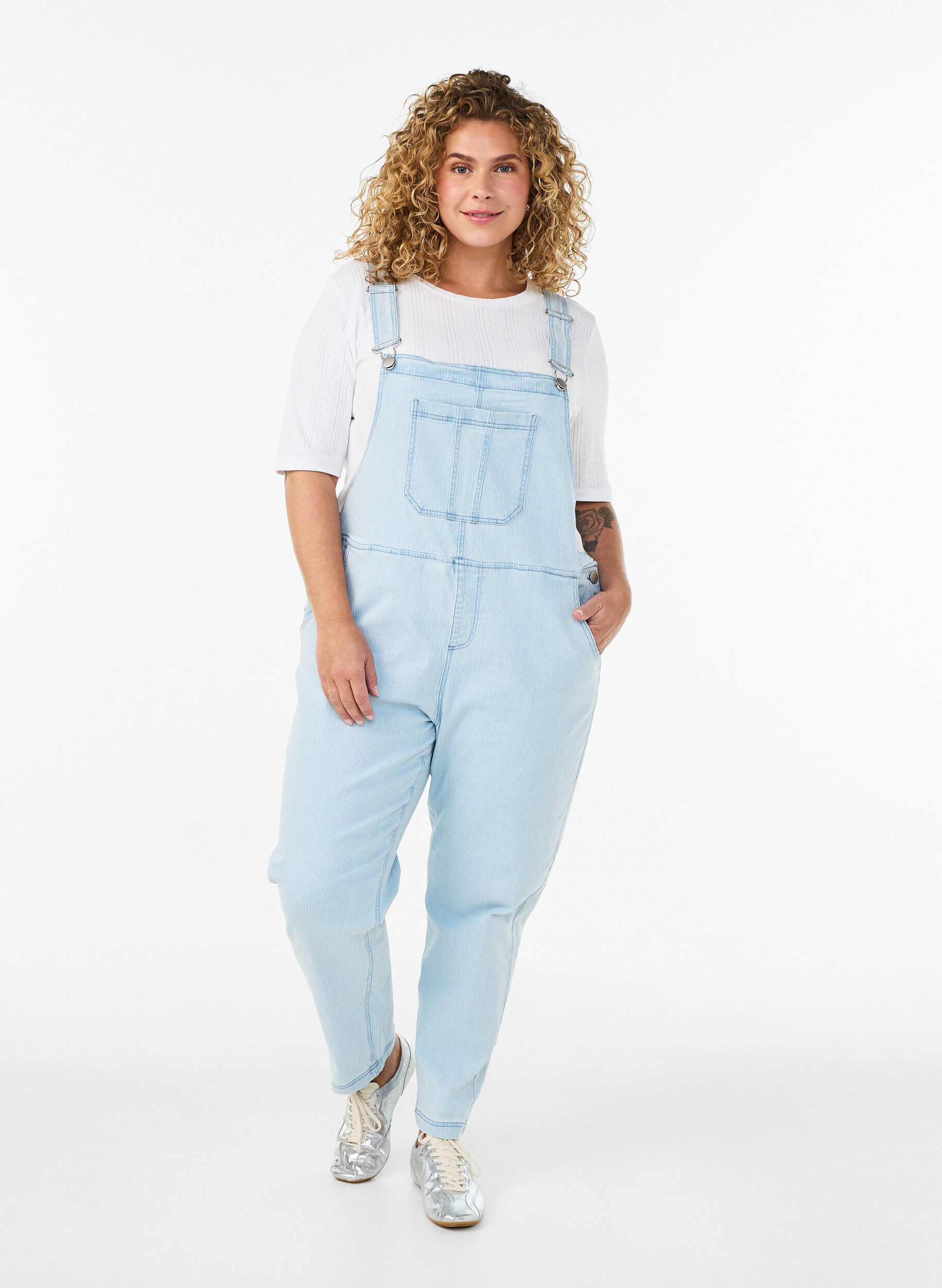 Gestreepte denim overall, Blauw, Model