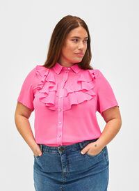Overhemdblouse met korte mouwen en ruches, Pink Power, Model