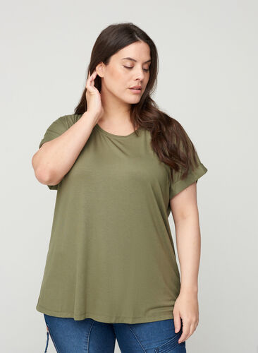T-shirt col rond en mélange de viscose, Deep Lichen Green, Model image number 0