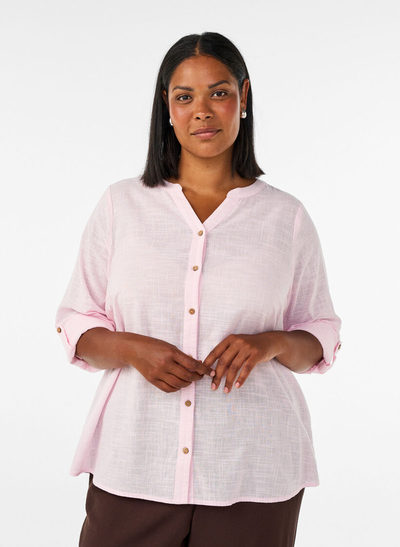 Katoenen blouse met een V-hals, Roze, Model image number 0