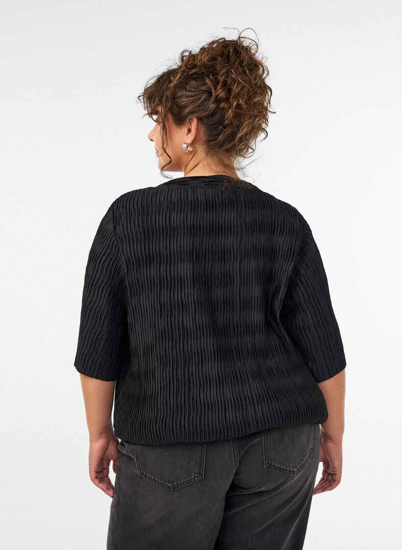 Blouse met golvende structuur en ballonvorm, Zwart, Model image number 2