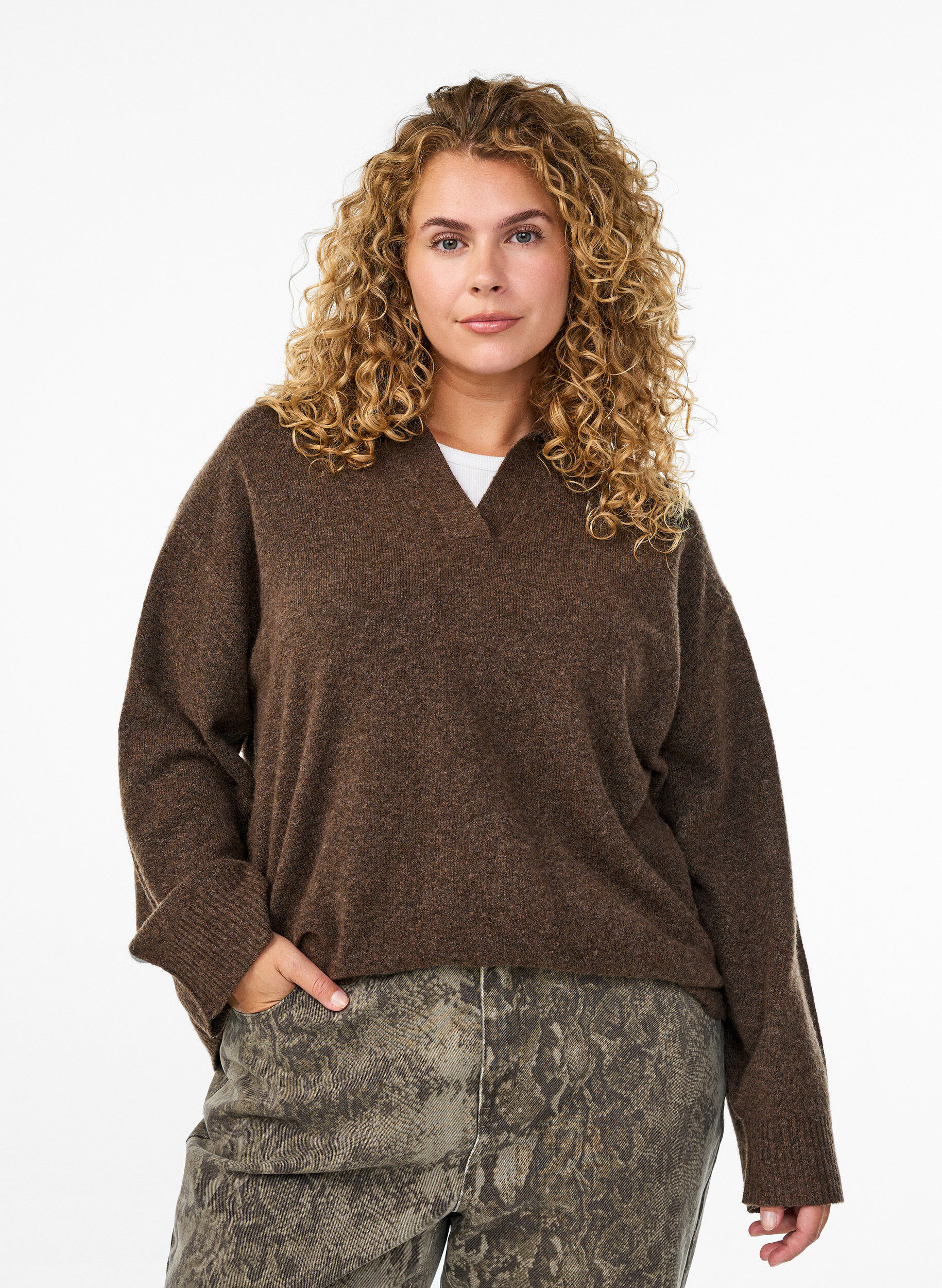 Gebreide blouse met kraag en V-hals, Bruin, Model
