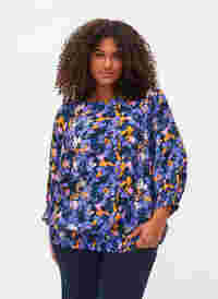 Gebloemde viscose blouse met smok, Purple Flower AOP, Model