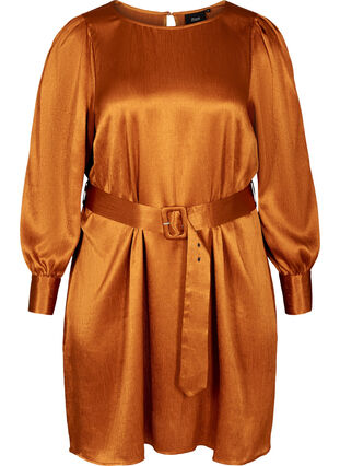 Glanzende jurk met striksluiting en pofmouwen, Buckthorn Brown, Packshot image number 0