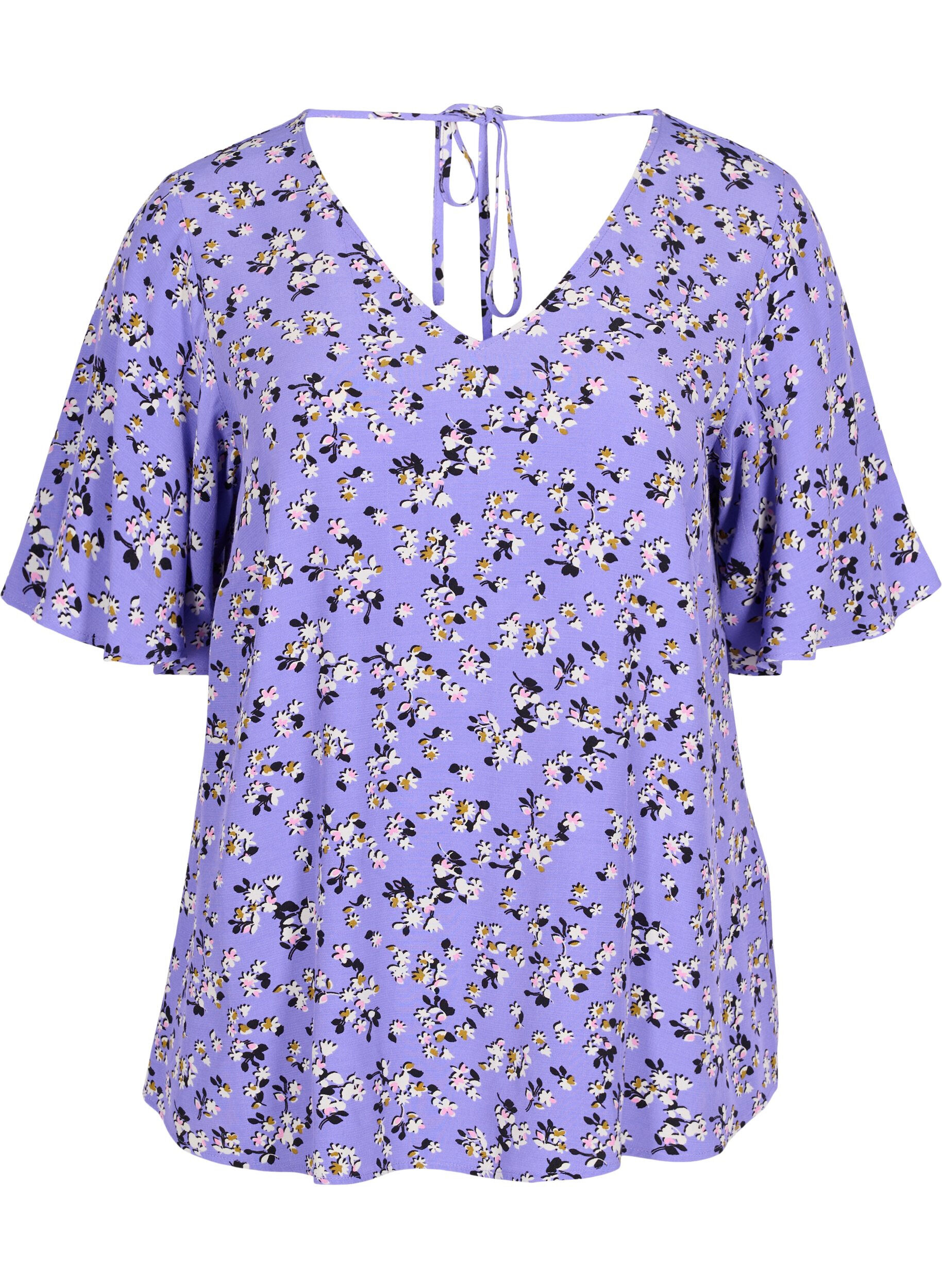 Zizzi Blouse en viscose &agrave; fleurs avec d&eacute;tails dans le dos , Lilac Flower Print, Packshot image number 0