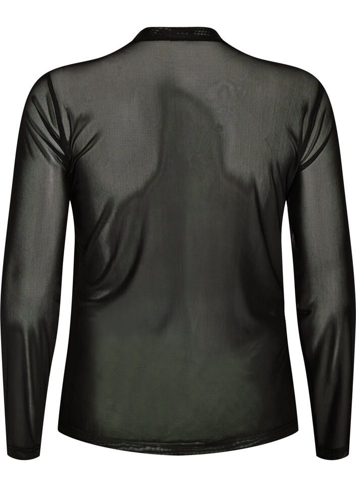 Getailleerde blouse van mesh met lange mouwen, Zwart, Packshot image number 1
