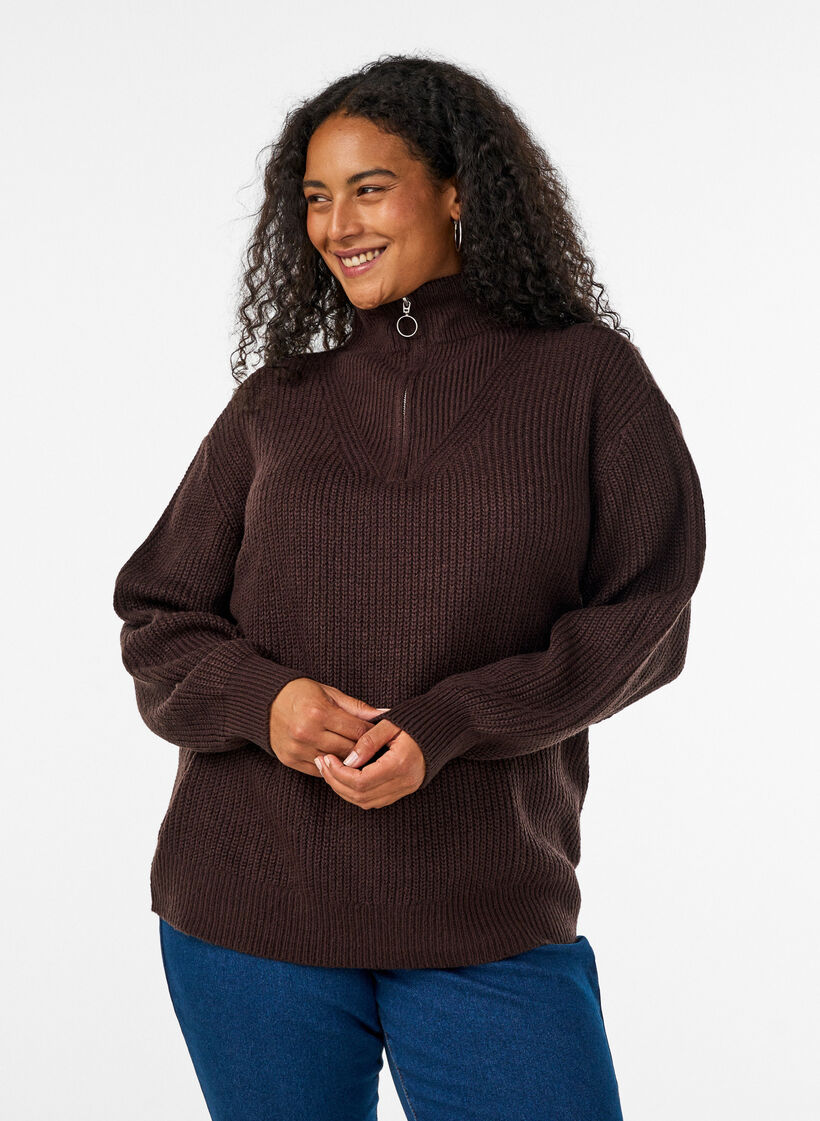 Pull en tricot avec col haut et fermeture &eacute;clair, Marron, Model image number 0