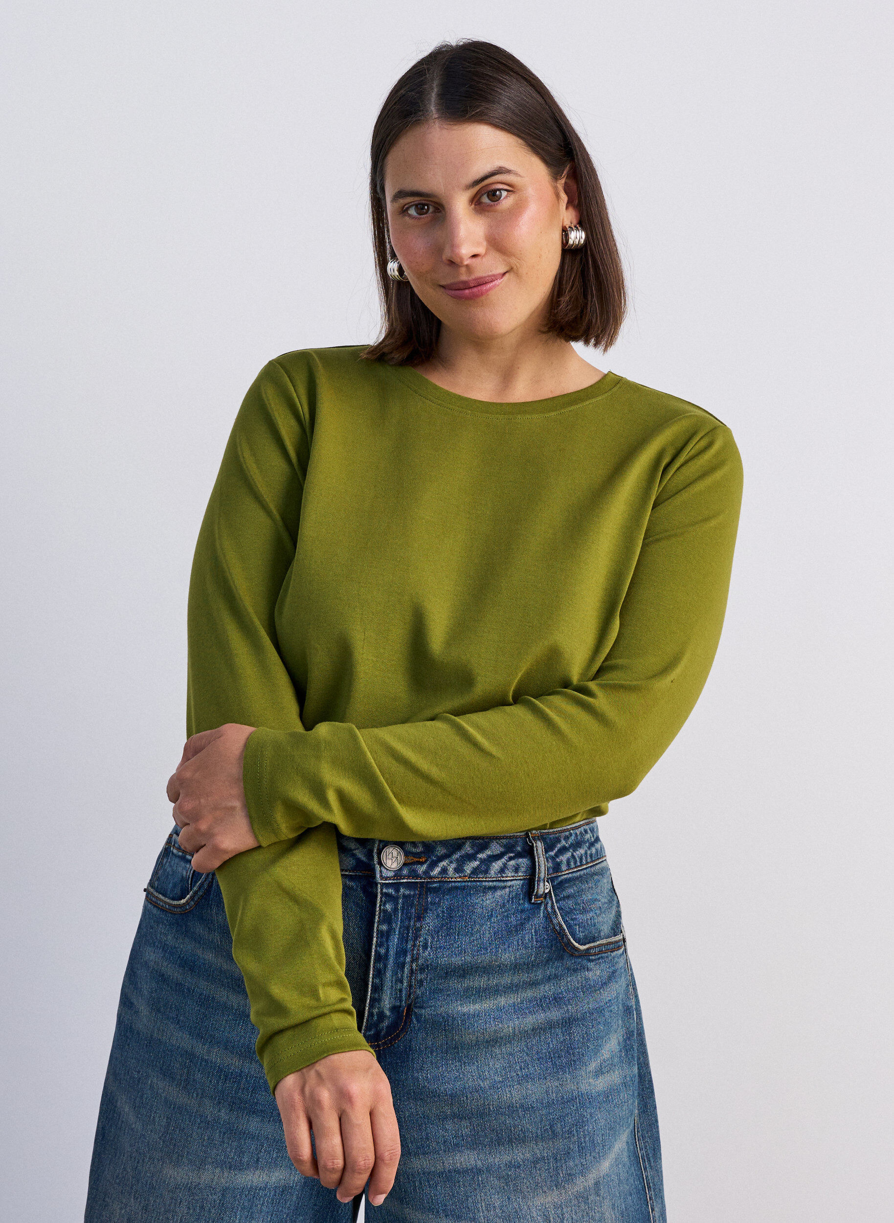 ZizziBasic T-shirt met lange mouwen en ronde hals, Groen, Model image number 0
