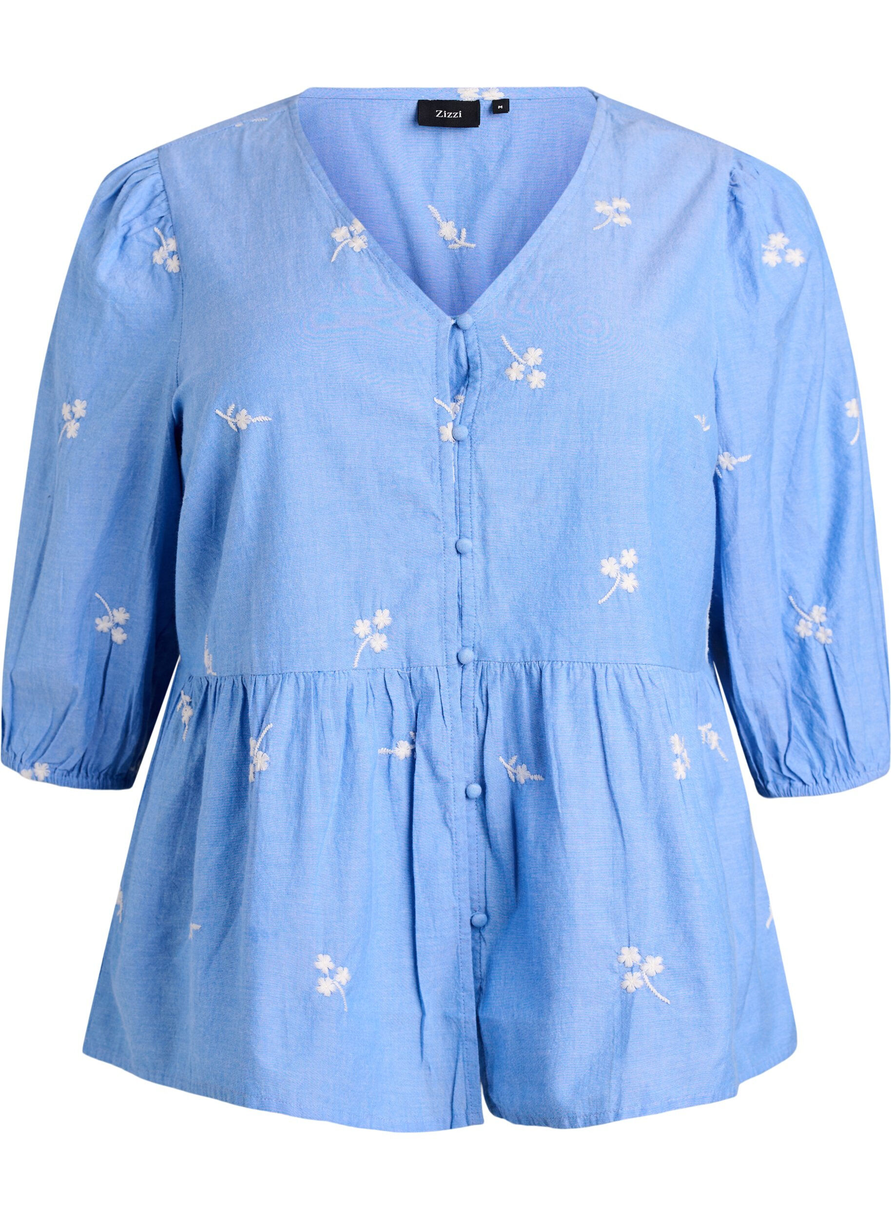 ZizziKatoenen blouse met geborduurde bloemen en knoopsluiting, Blauw, Packshot image number 0