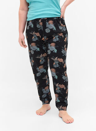 Pantalon de pyjama en coton avec imprimé floral, Black Flower AOP, Model image number 1