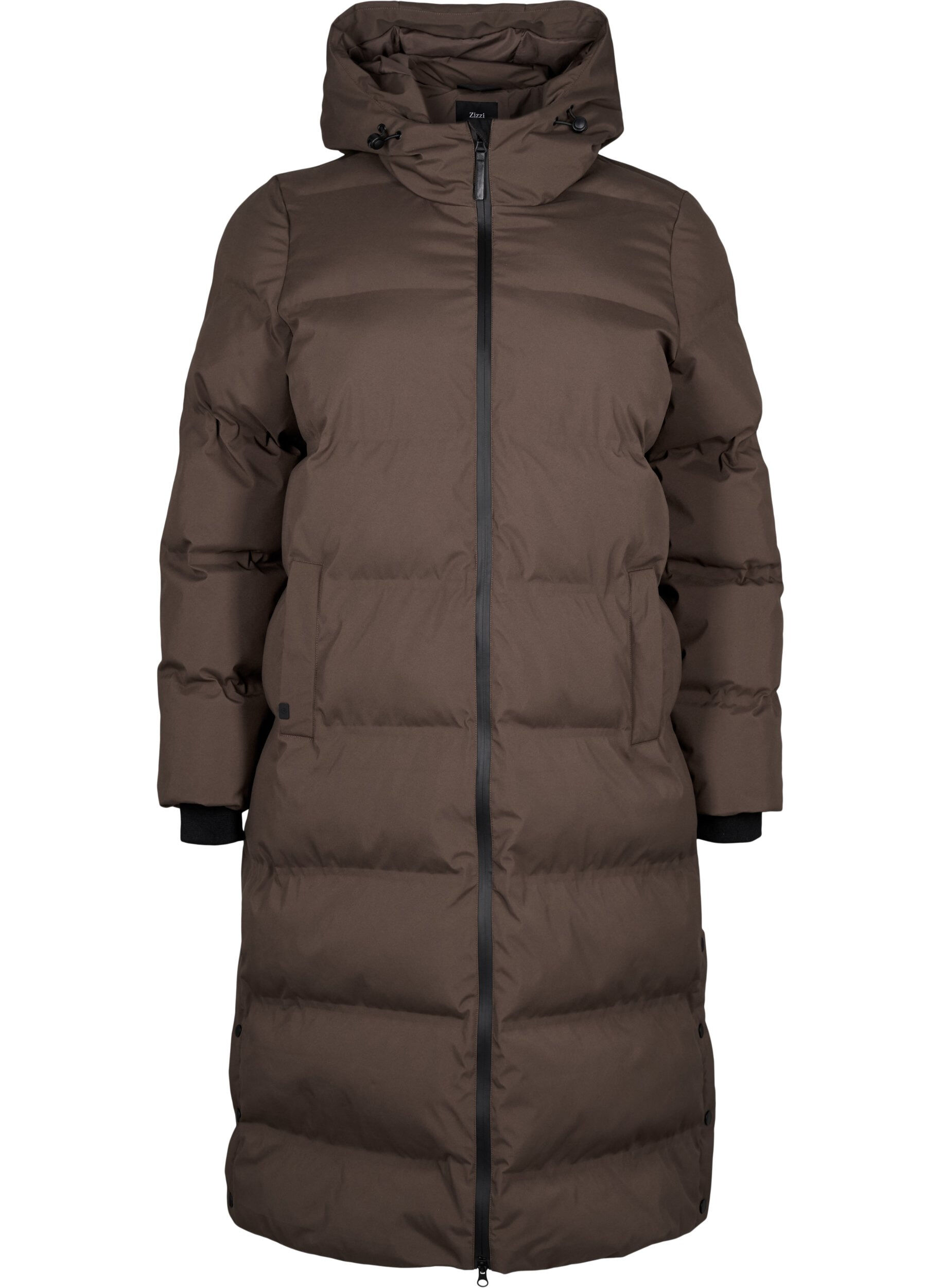 ZizziLange puffer winterjas met capuchon, Bruin, Packshot image number 0