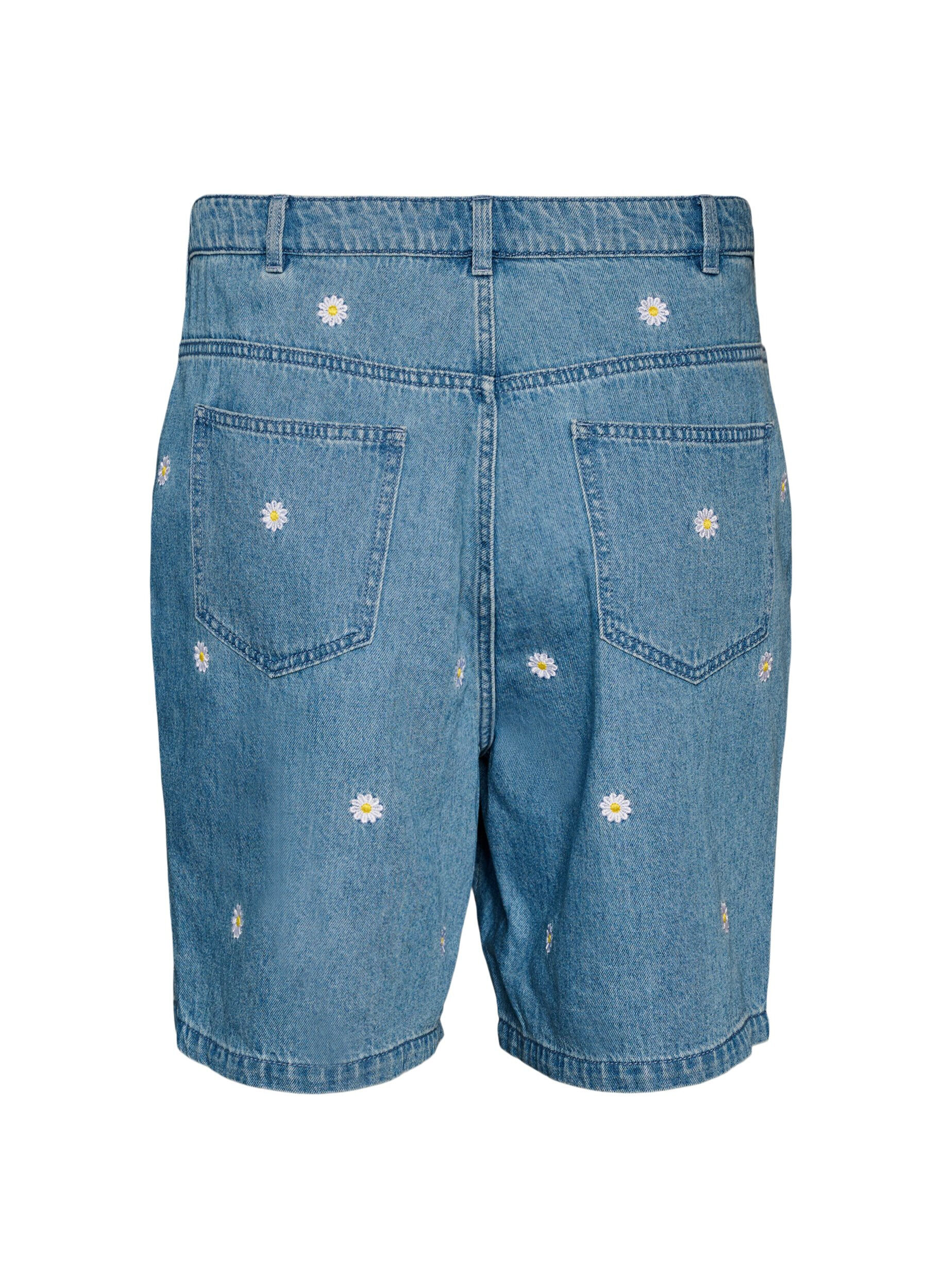 ZizziHigh waist denimshorts met bloemenborduursel, Blauw, Packshot image number 1