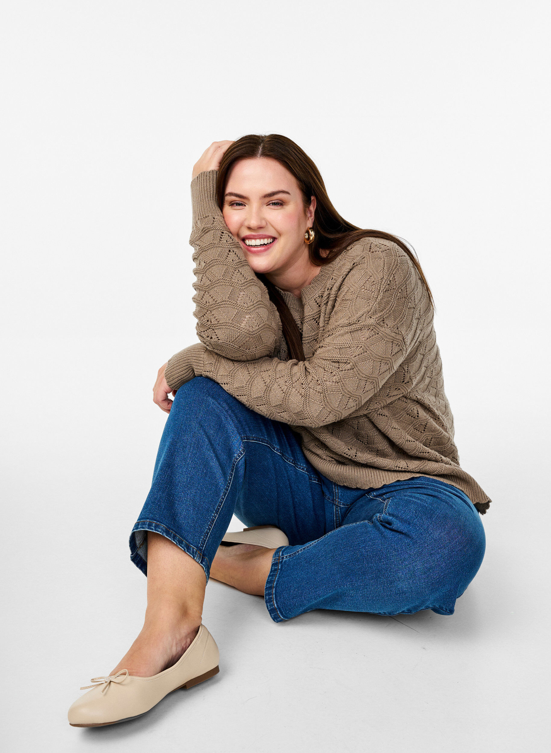 ZizziGebreide blouse met lange mouwen en een opengewerkt patroon, Desert Taupe, Image image number 0