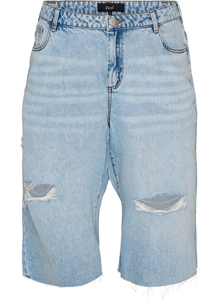 Gecropte jeans met een versleten look en rafelige randen, Blauw, Packshot
