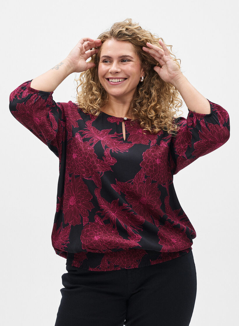 Blouse en viscose &agrave; imprim&eacute; floral et smocks, Bordeaux fonc&eacute;, Model image number 0