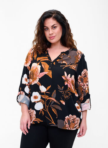 100% viscose blouse met bloemenprint100% viscose blouse met bloemenprint, Black Flower AOP, Model image number 0