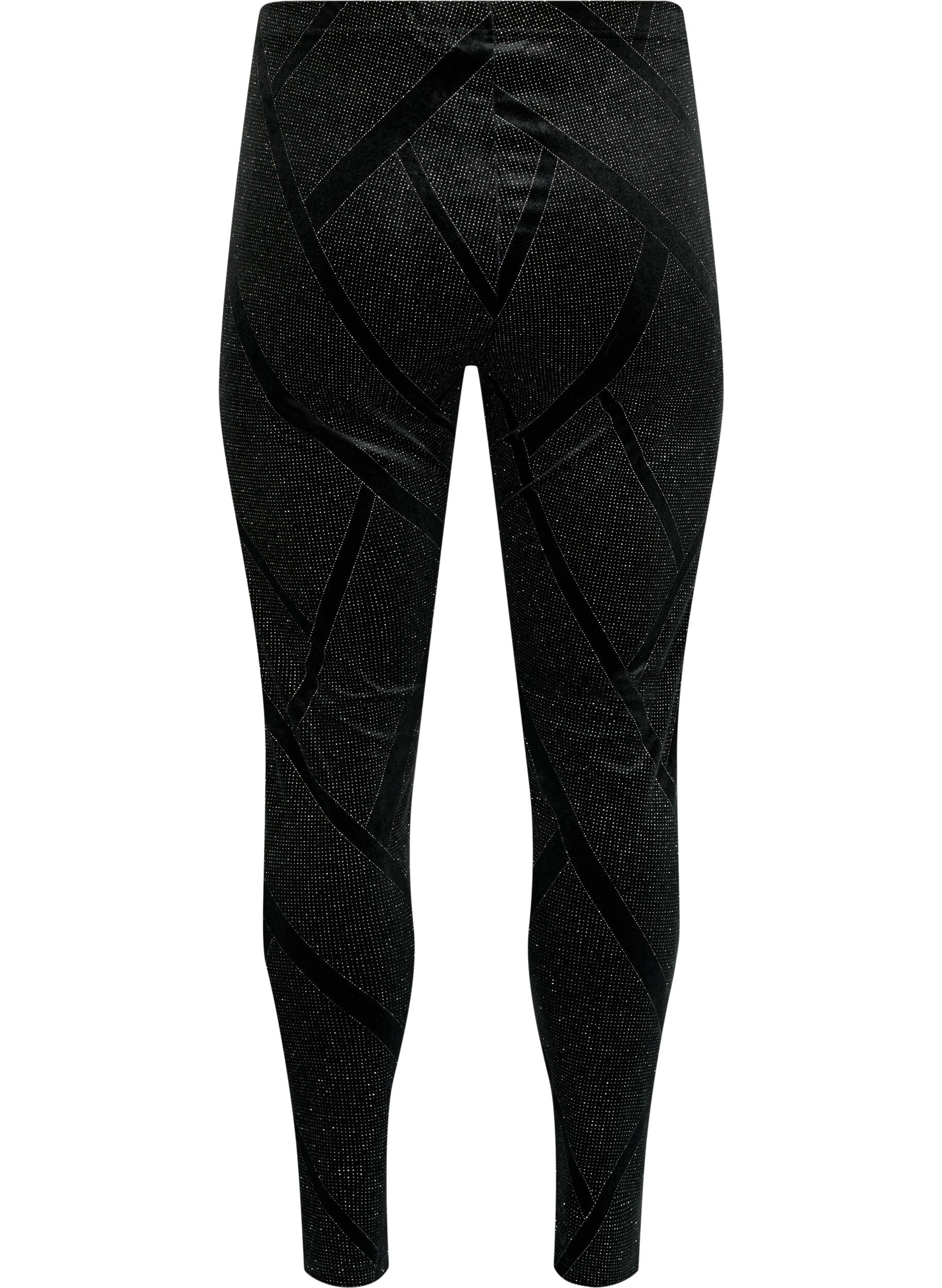 Zizzi Leggings van velour met glitter en patroon, Zwart, Packshot image number 1