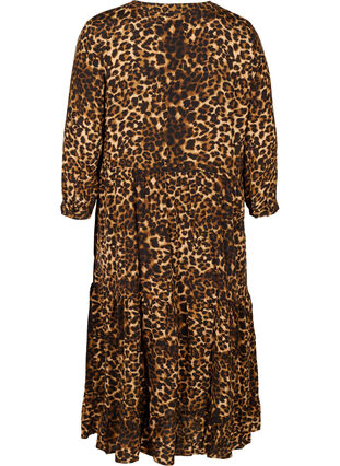 Viscose midi-jurk met 3/4 mouwen en panterprint, Raw Umber AOP, Packshot image number 1