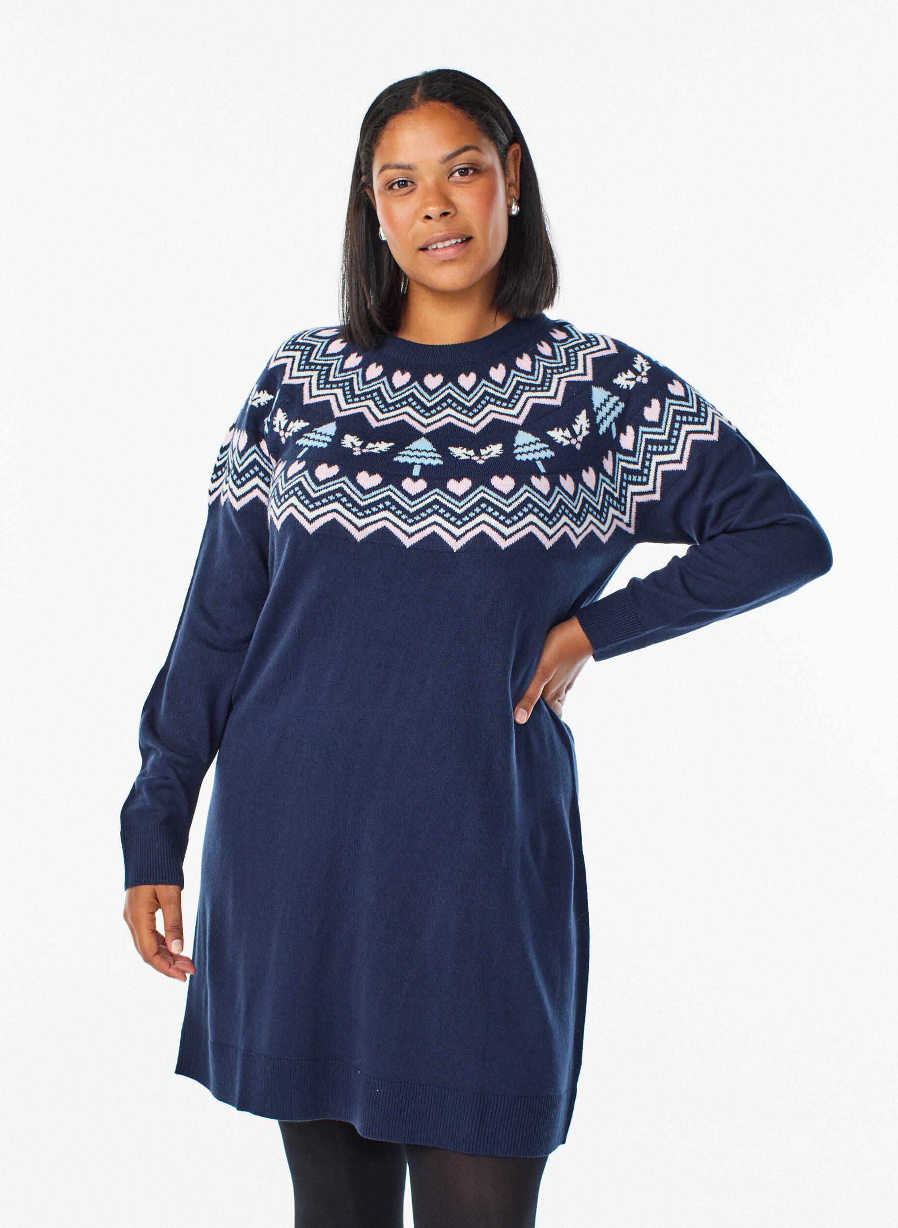 Robe courte en maille jacquard avec motifs de No&euml;l, Bleu, Model