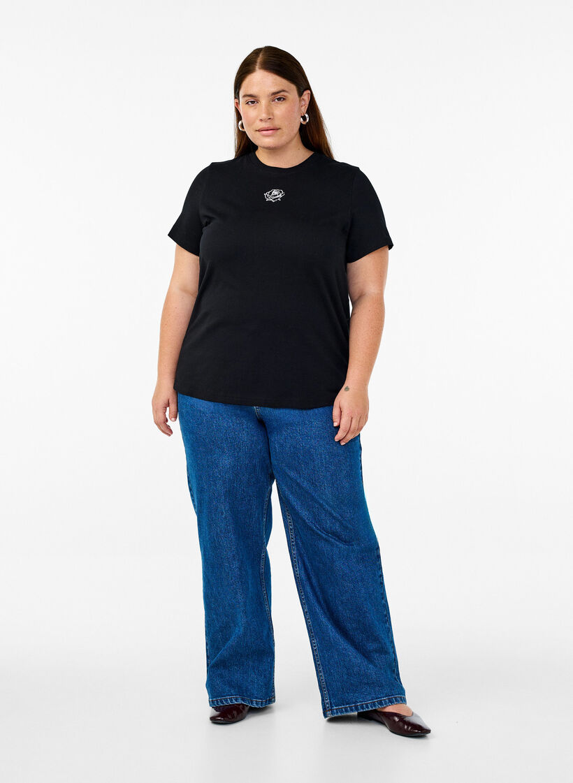 Katoenen T-shirt met borduursel details, Zwart, Model image number 1