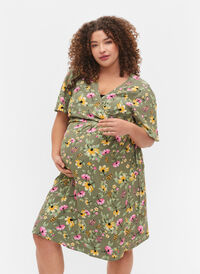 Robe de maternité en viscose avec cache-cœur, Green Flower Print, Model