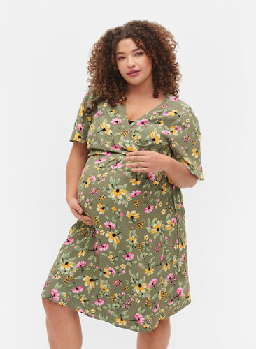 Robe de maternité en viscose avec cache-cœur, Green Flower Print, Model image number 0